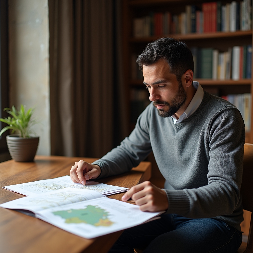 Land buyer in their 30s reviewing property documents at a table, looking focused and thoughtful, with a map of Paraguay visible in the background