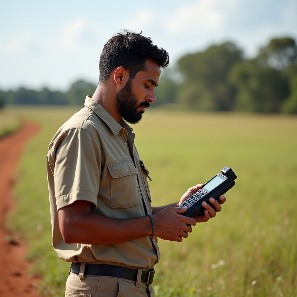 Field technician using GPS device to record coordinates at a rural land plot boundary