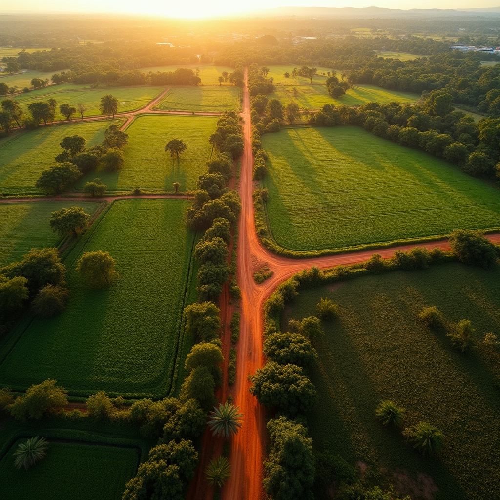 Aerial view of Paraguayan land plots with green fields and rural roads