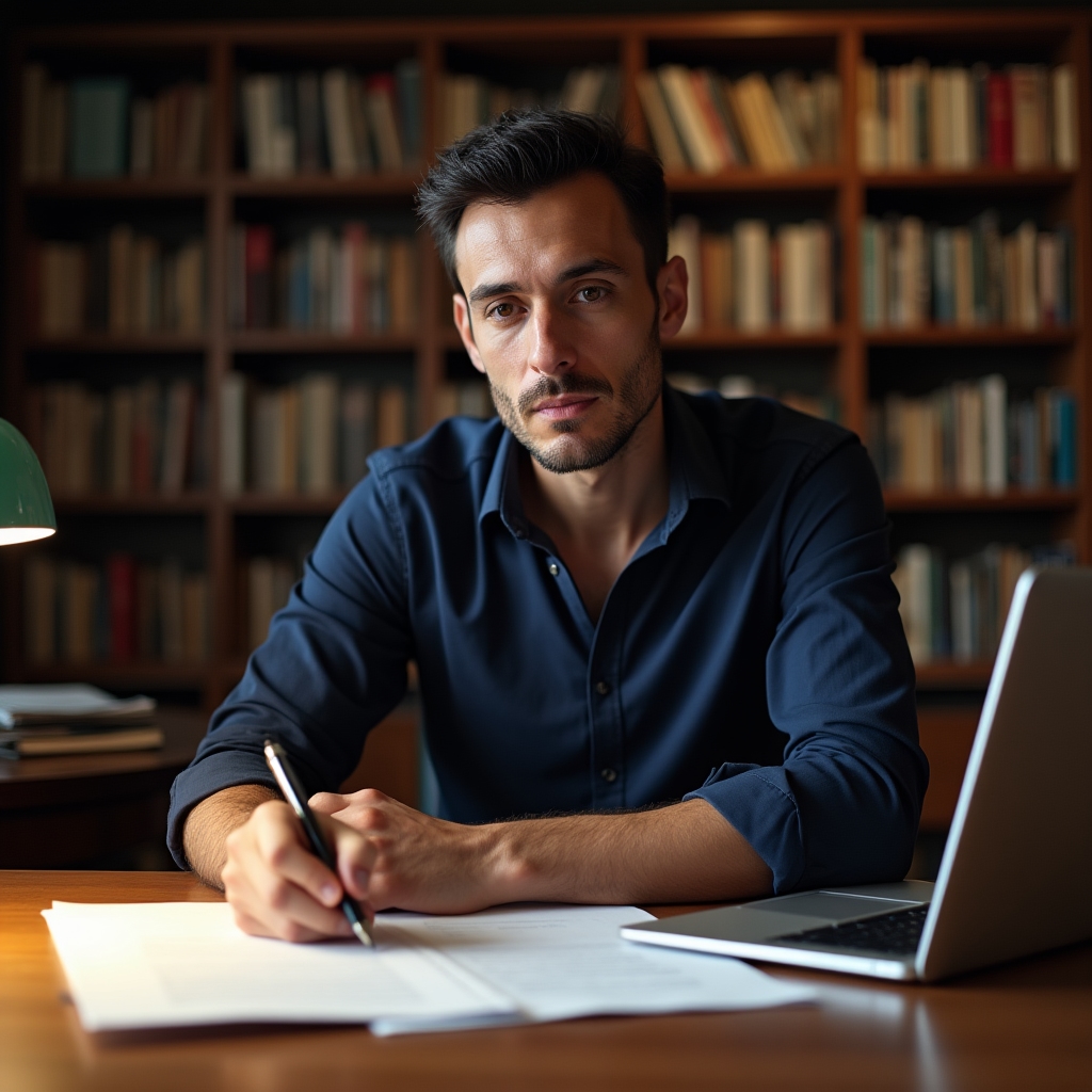 Profesional de verificación revisando documentos de terreno de forma independiente en un escritorio sin materiales comerciales