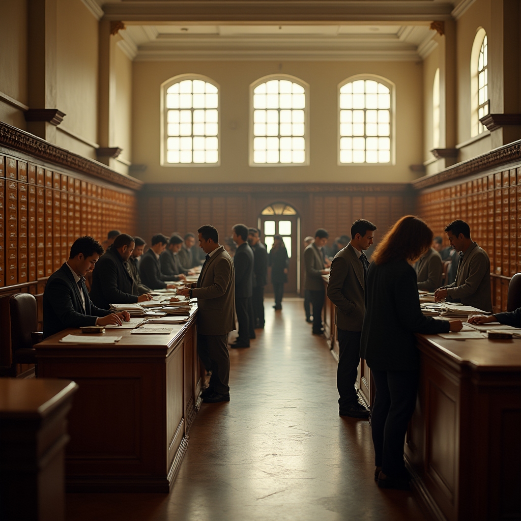 Interior of a Paraguayan property registry office with official records and clerks processing documentation requests at wooden counters