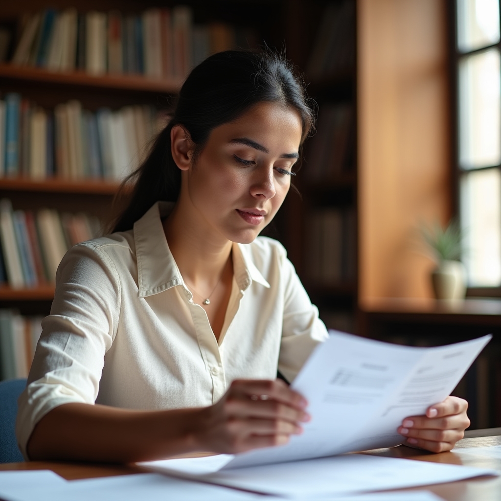 Analyst reviewing property title documents at a desk with official registry papers spread out