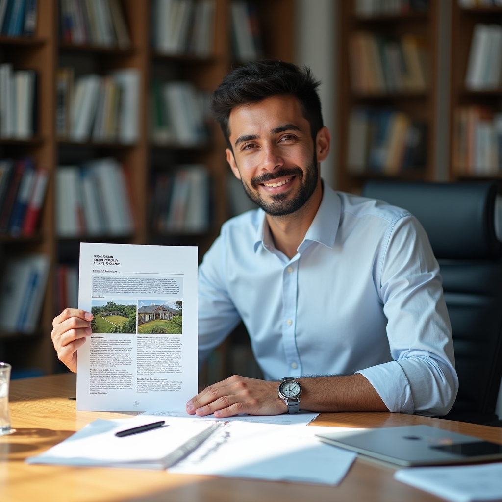 Verification analyst presenting a completed land report document across a clean desk, with property photographs visible in the report pages