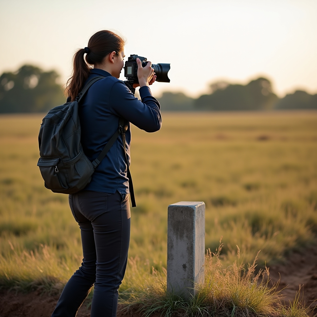 Verification team member photographing terrain features and access road at a land plot in Paraguay