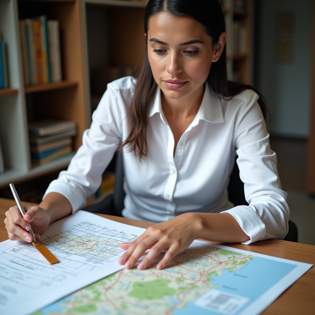 Analista técnico examinando documentos de verificación de propiedad con impresión de datos GPS y mapa catastral en un escritorio profesional